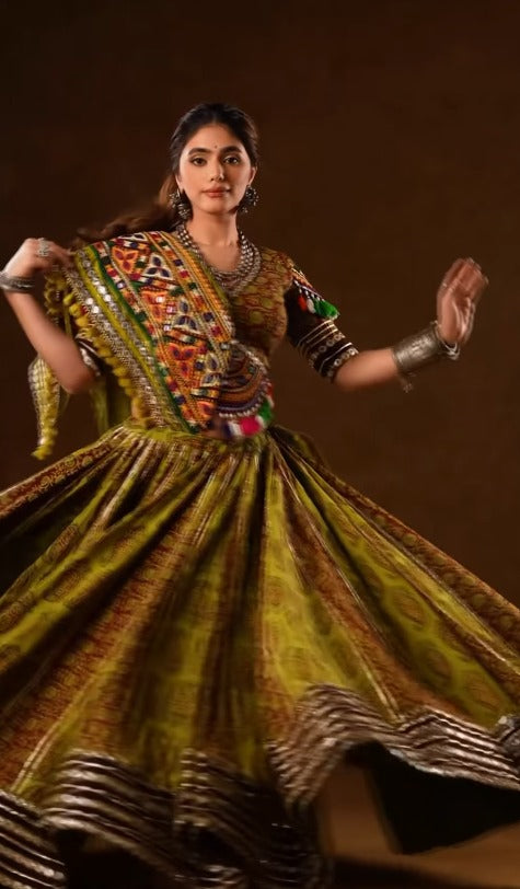 Kavisha Olive Green Traditional Mirror Work Navratri Lehenga Choli