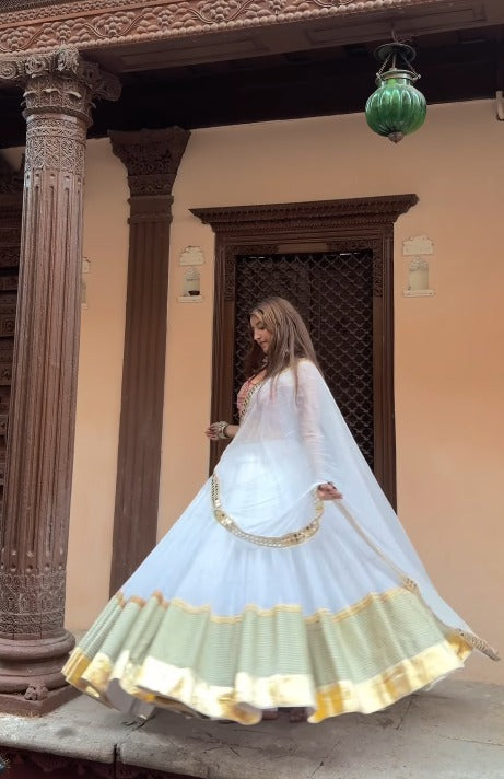Sharvani White & Pastel Green Festive Lehenga Set