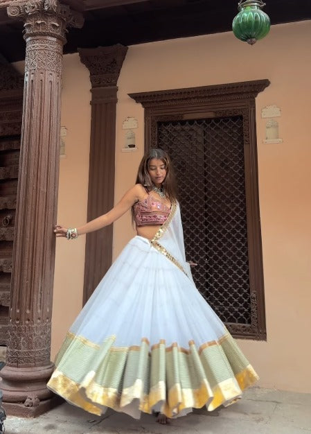 Sharvani White & Pastel Green Festive Lehenga Set