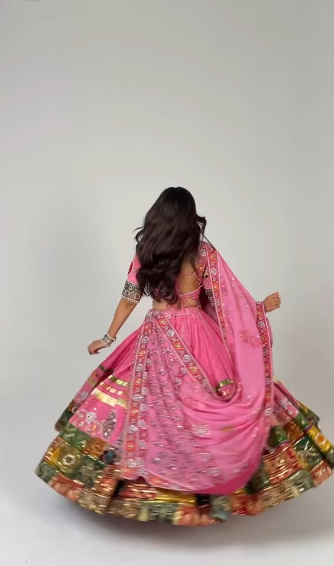 Pink Handcrafted Mirror & Moti Work Lehenga Choli