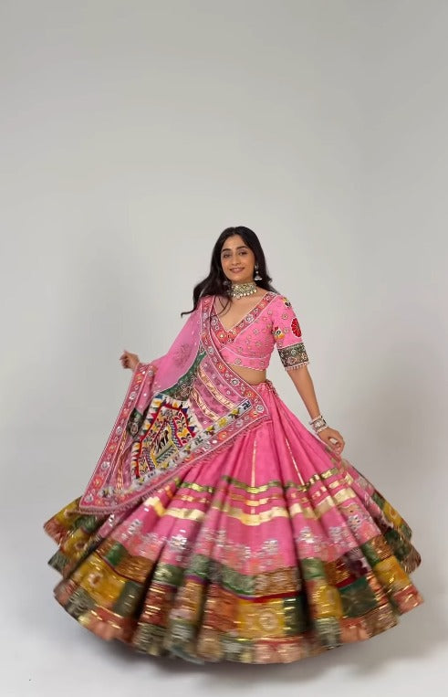 Pink Handcrafted Mirror & Moti Work Lehenga Choli