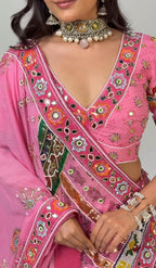 Pink Handcrafted Mirror & Moti Work Lehenga Choli