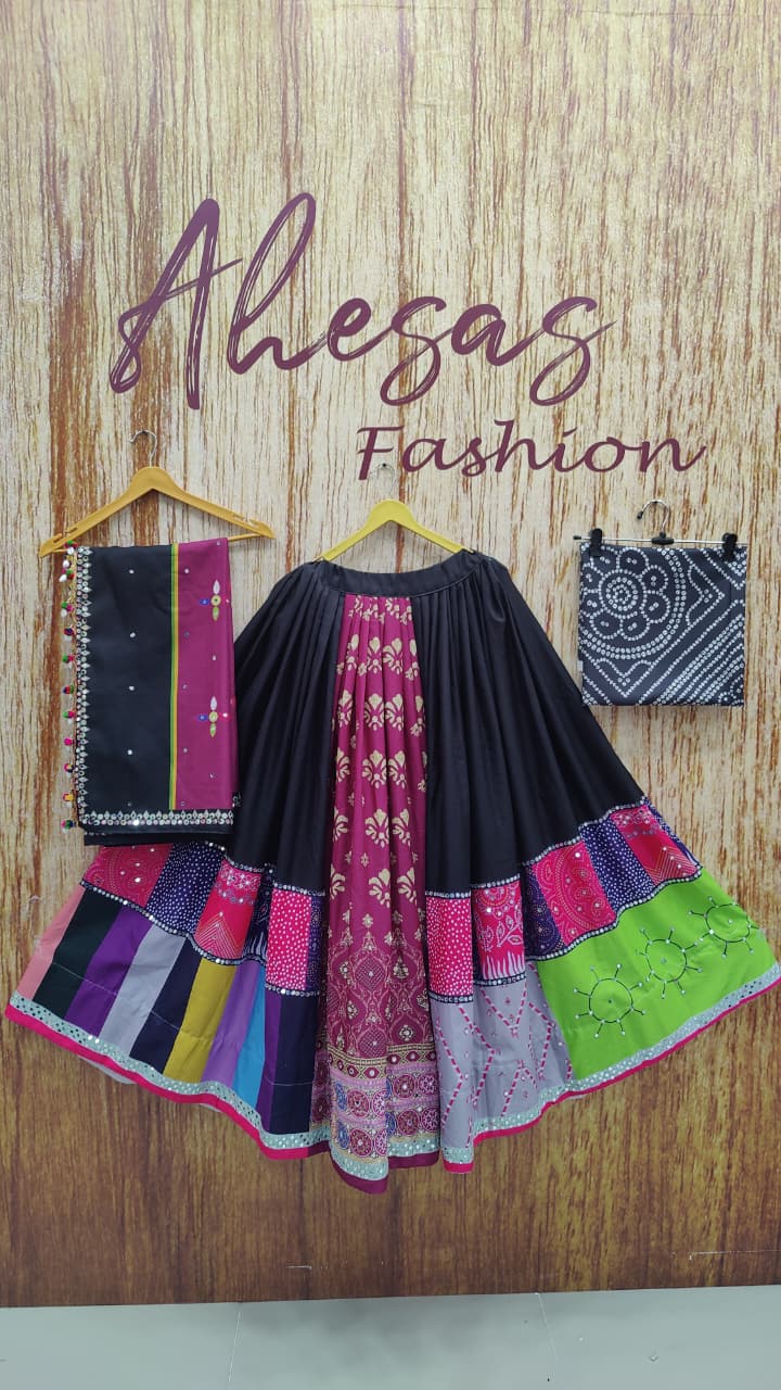 Black Mirror Work Digital Printed Navratri Lehenga Choli