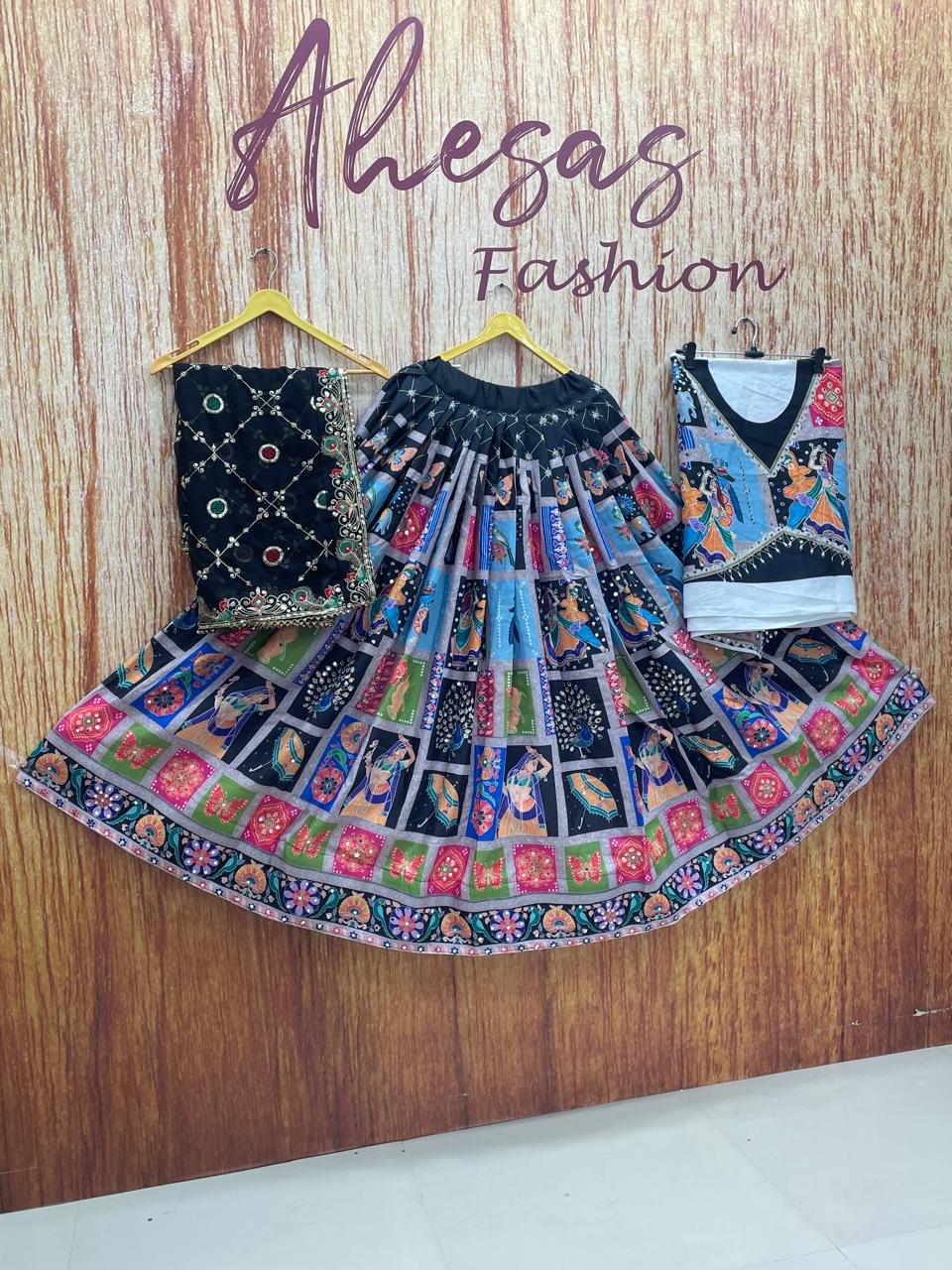 Black Color Digital Printed Mirror Work Navratri Lehenga Choli