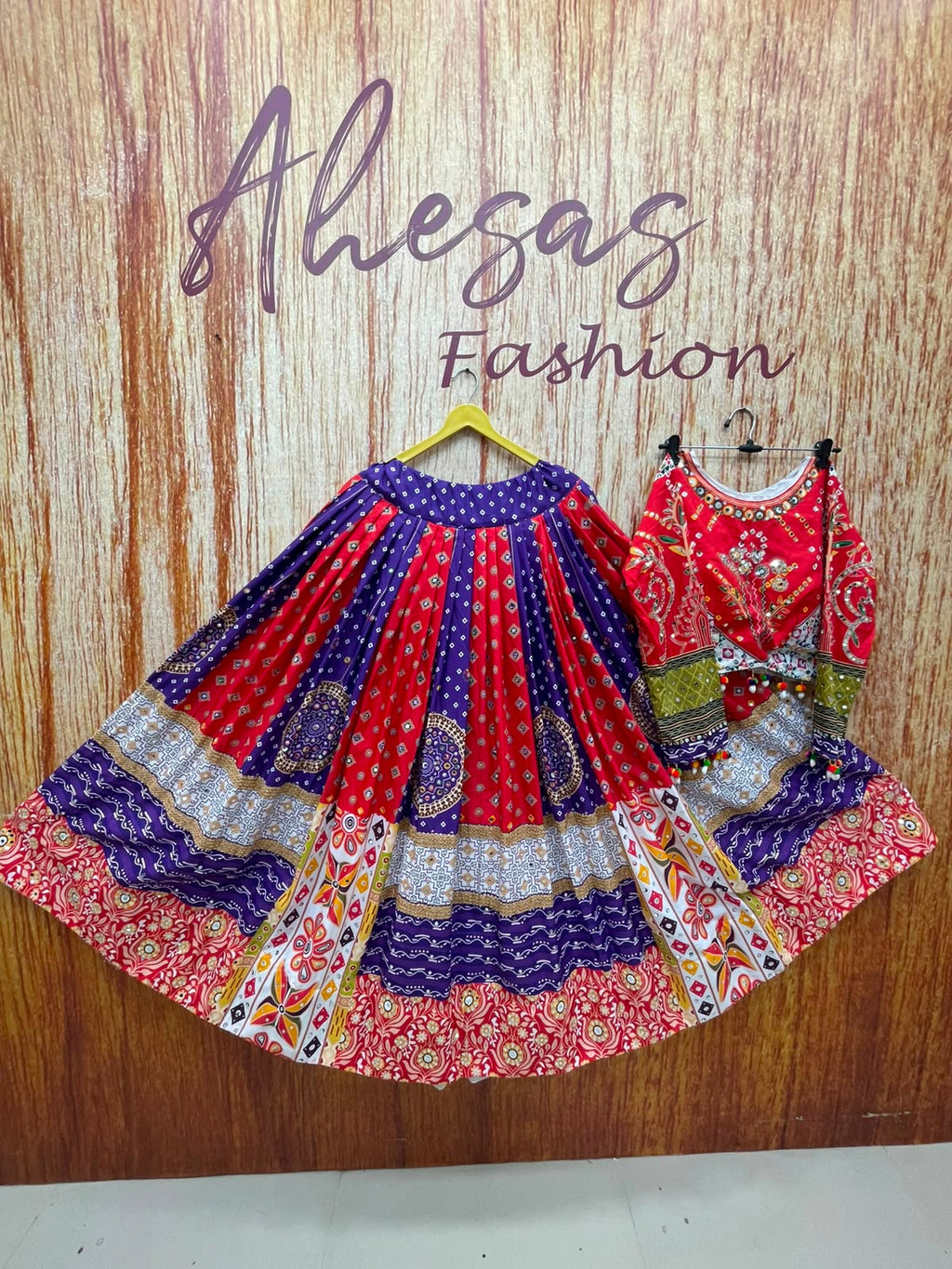 Multi Mirror Work Muslin Nvaratri Lehenga Choli