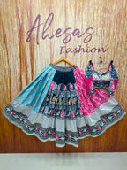 Pink - Dark Green Digital Printed Mirror Work Navratri Lehenga Choli