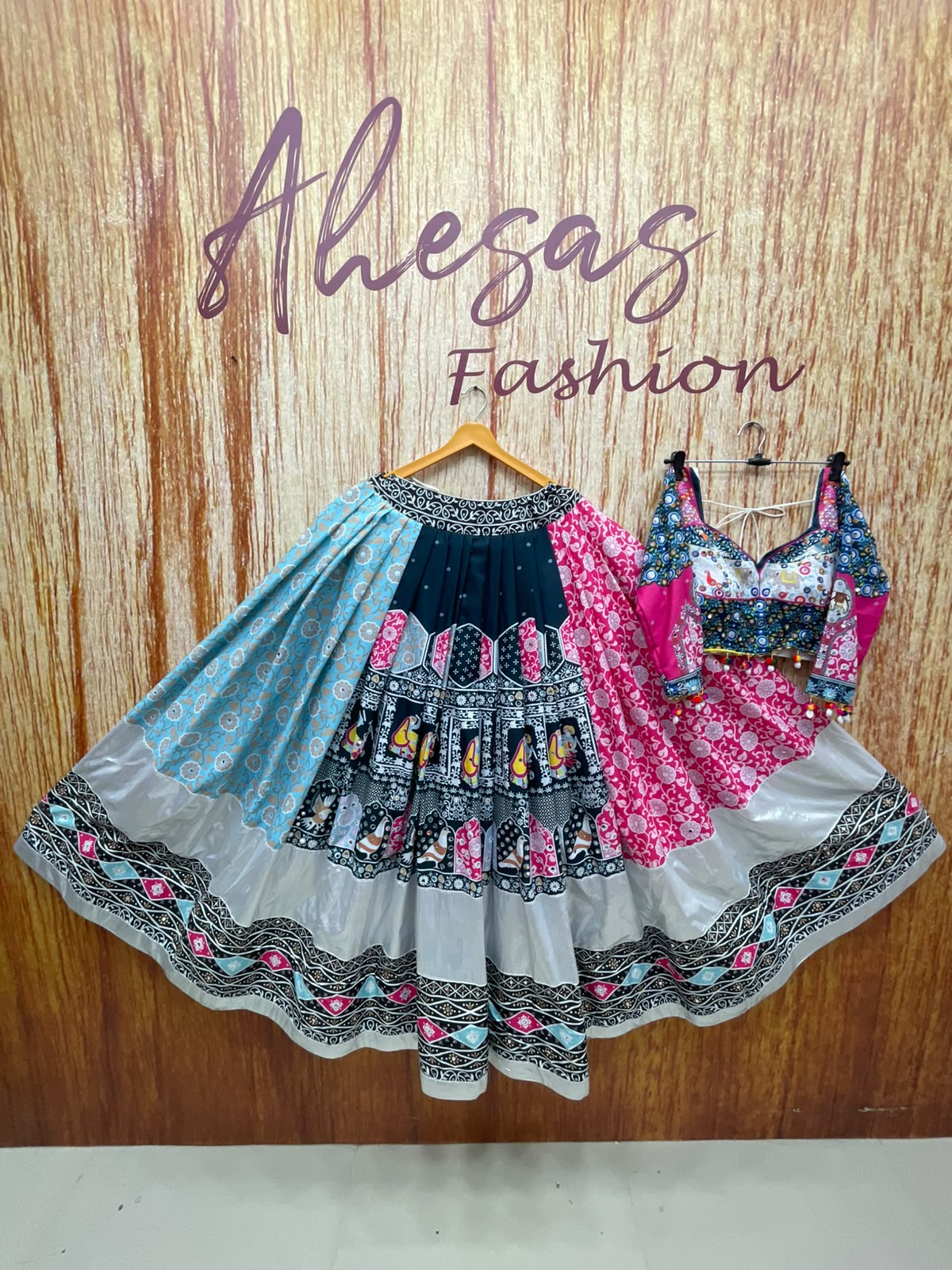 Pink - Dark Green Digital Printed Mirror Work Navratri Lehenga Choli