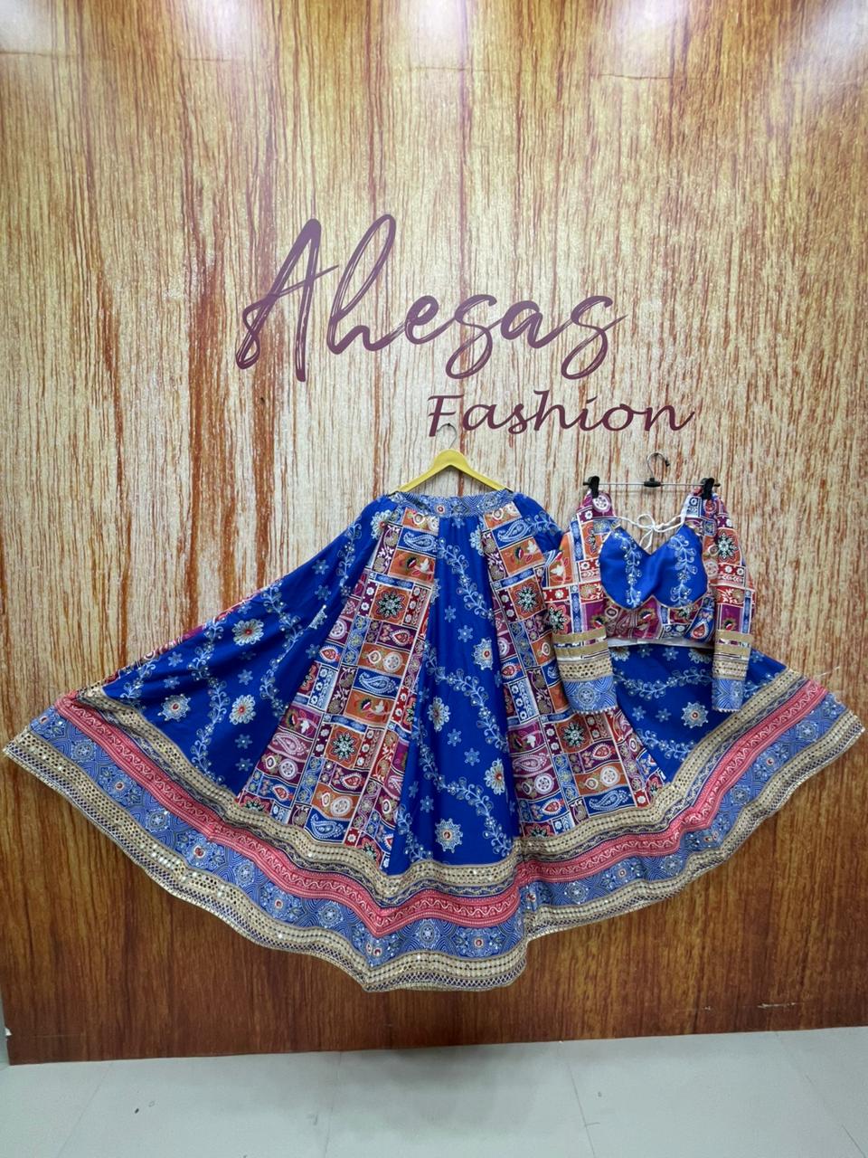 Blue Mirror Work Megic Navratri Lehenga Choli.