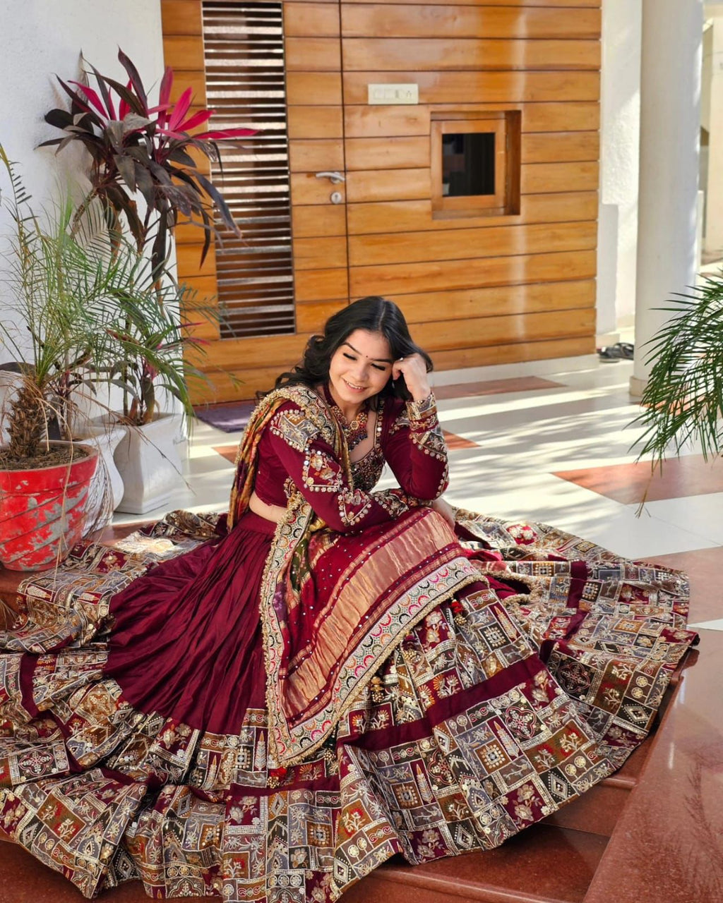 Red Color Mirror Work Digital Printed Lehenga Choli