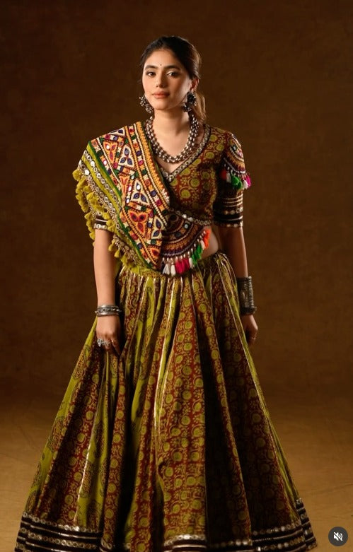 Kavisha Olive Green Traditional Mirror Work Navratri Lehenga Choli