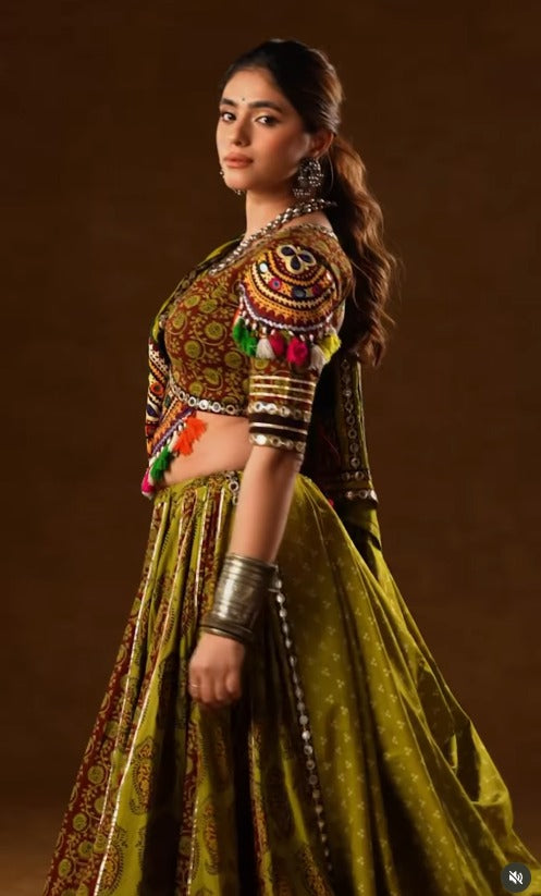 Kavisha Olive Green Traditional Mirror Work Navratri Lehenga Choli