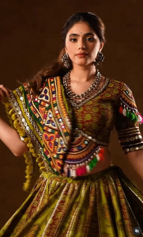 Kavisha Olive Green Traditional Mirror Work Navratri Lehenga Choli