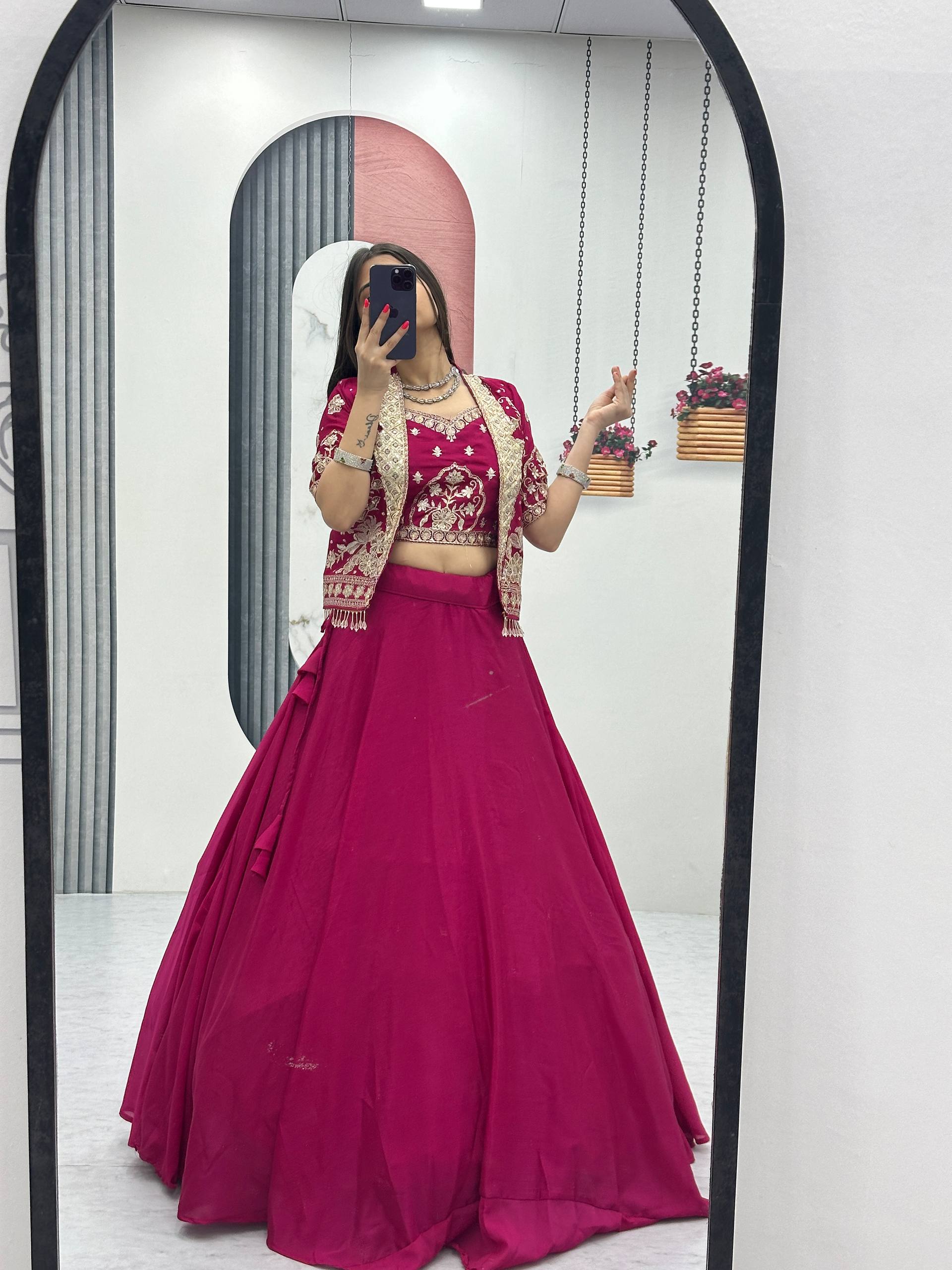 Anushka Chinon Crop Top Jacket Lehenga Choli