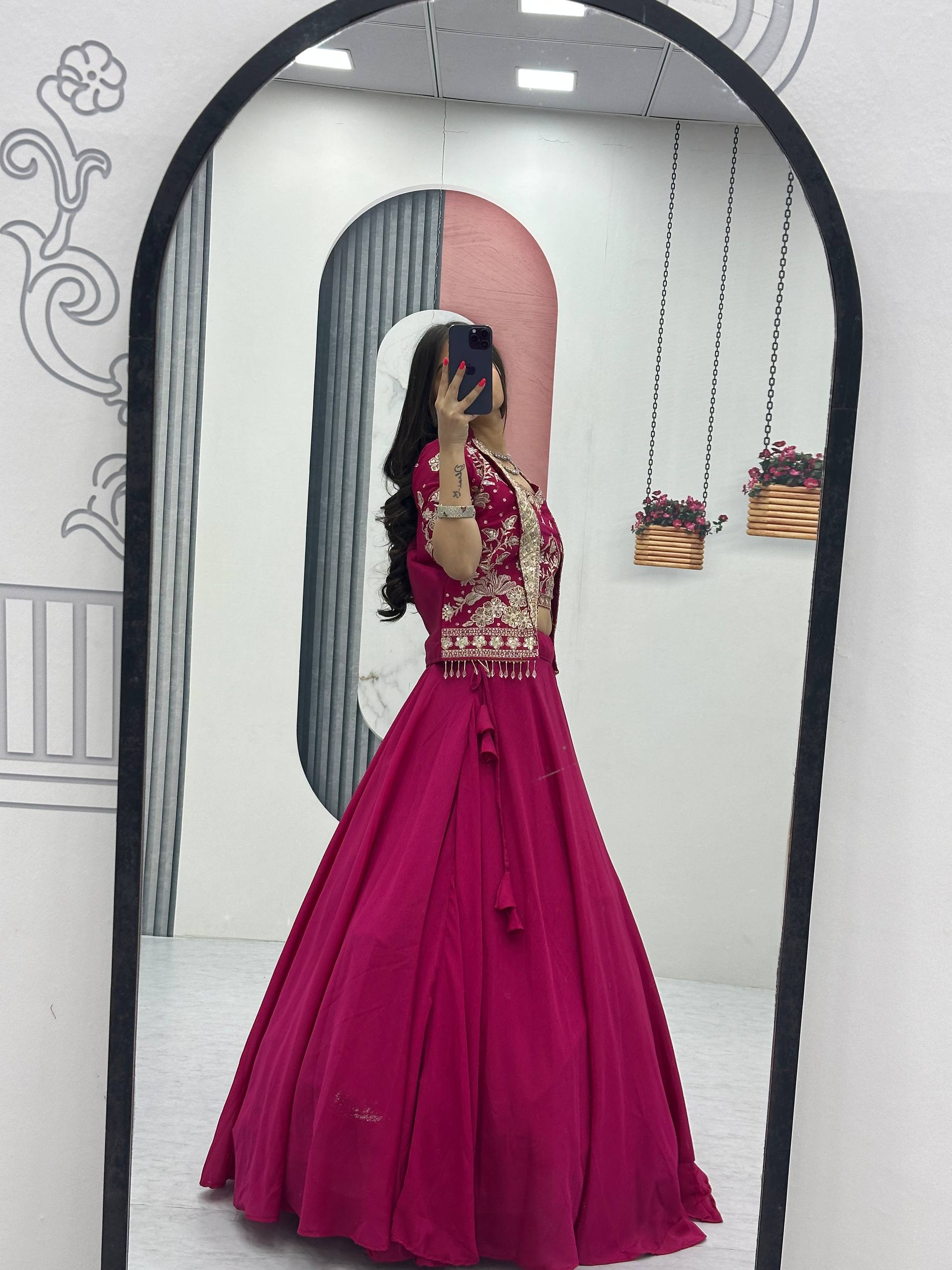 Anushka Chinon Crop Top Jacket Lehenga Choli