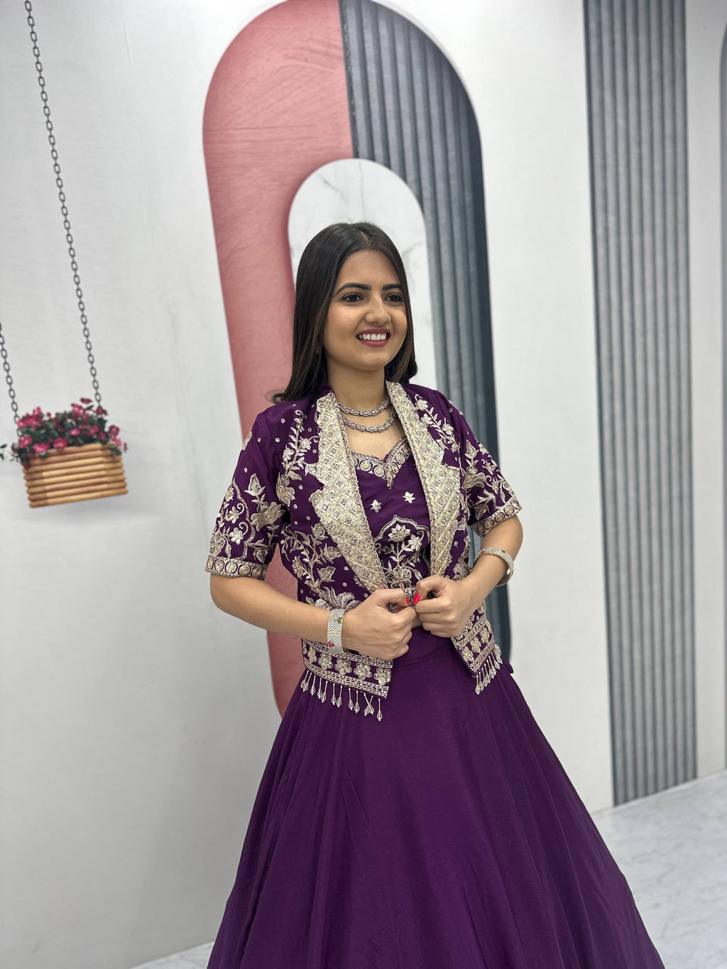 Anushka Chinon Crop Top Jacket Lehenga Choli