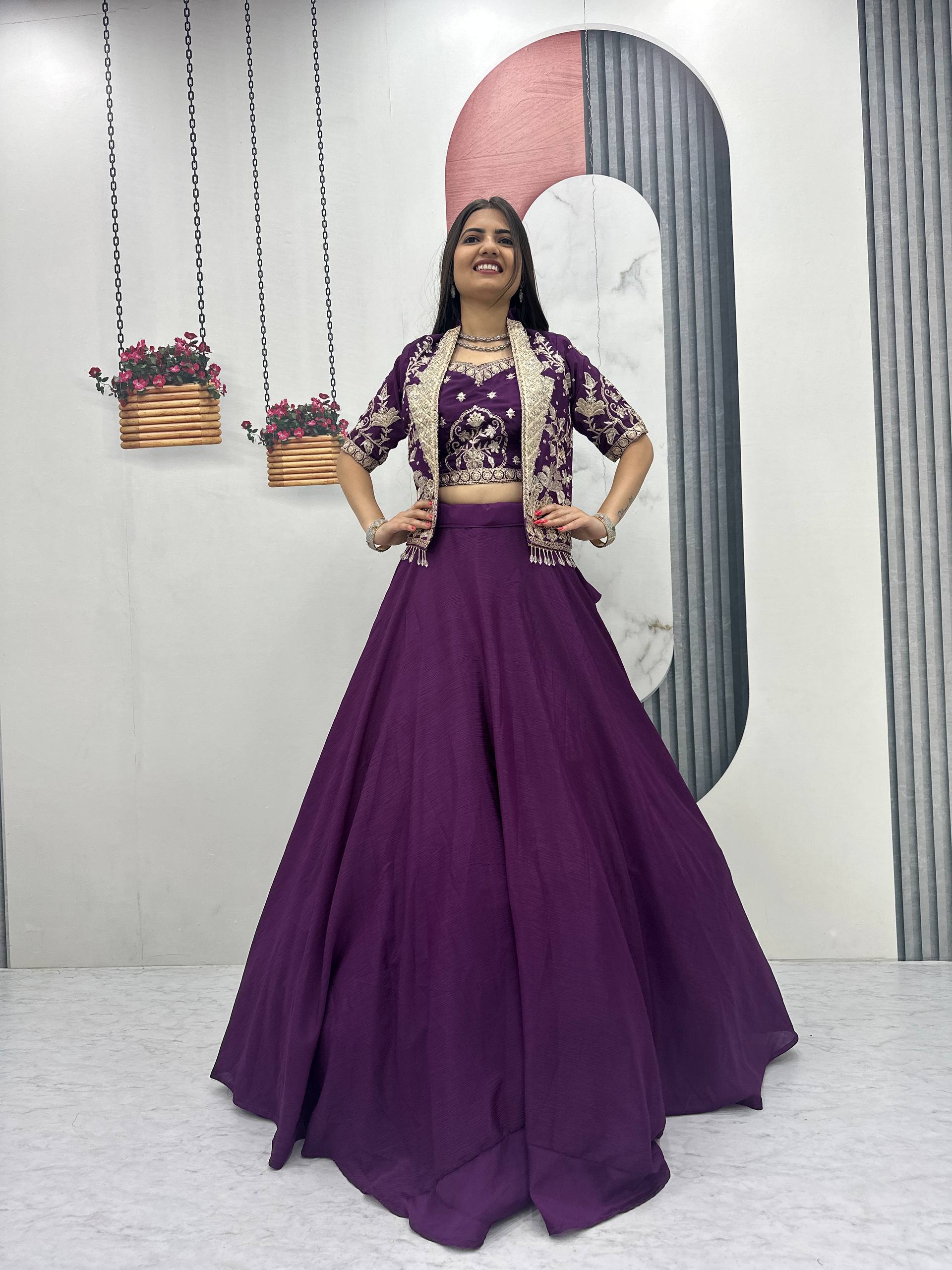Anushka Chinon Crop Top Jacket Lehenga Choli