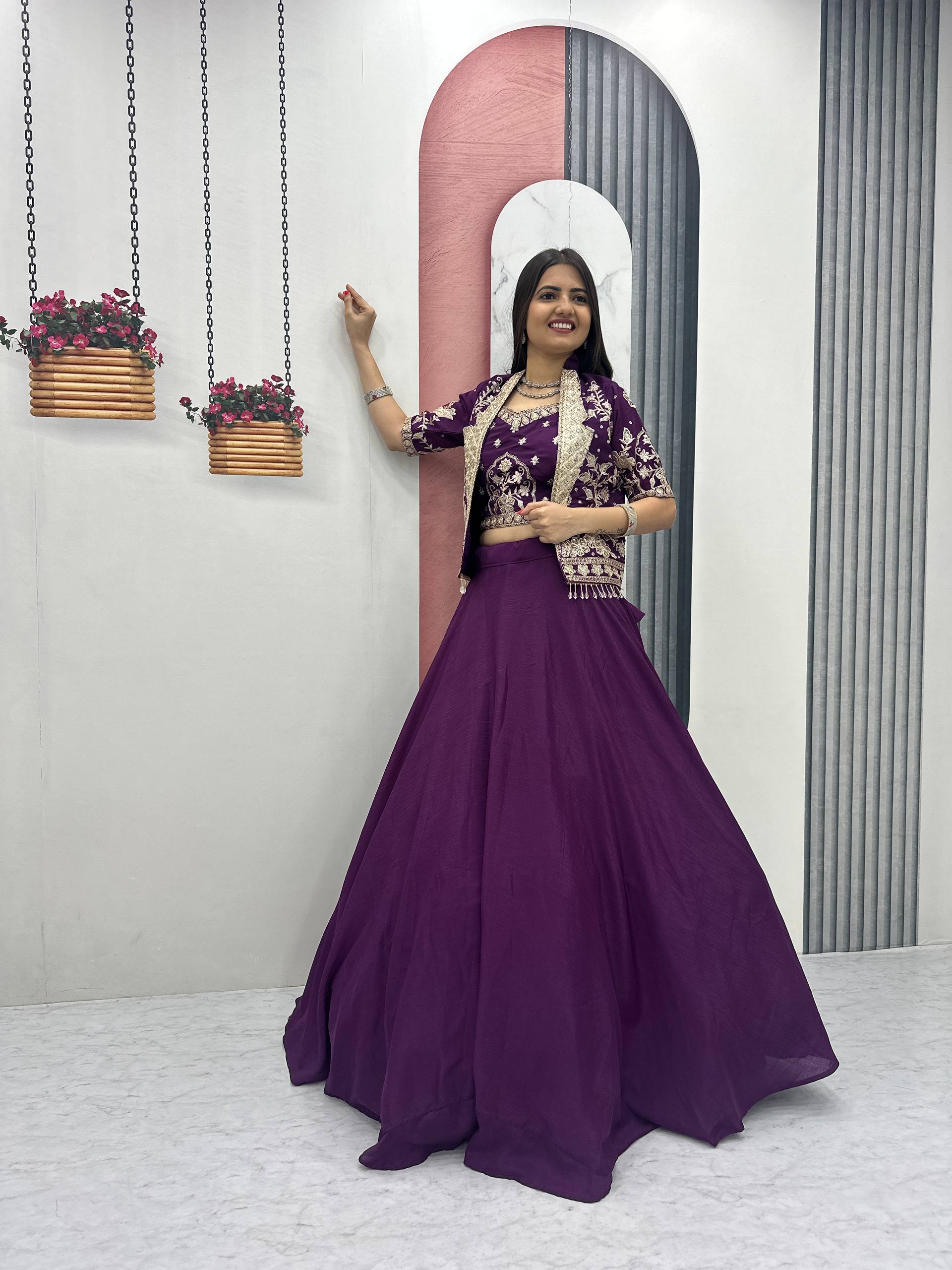 Anushka Chinon Crop Top Jacket Lehenga Choli