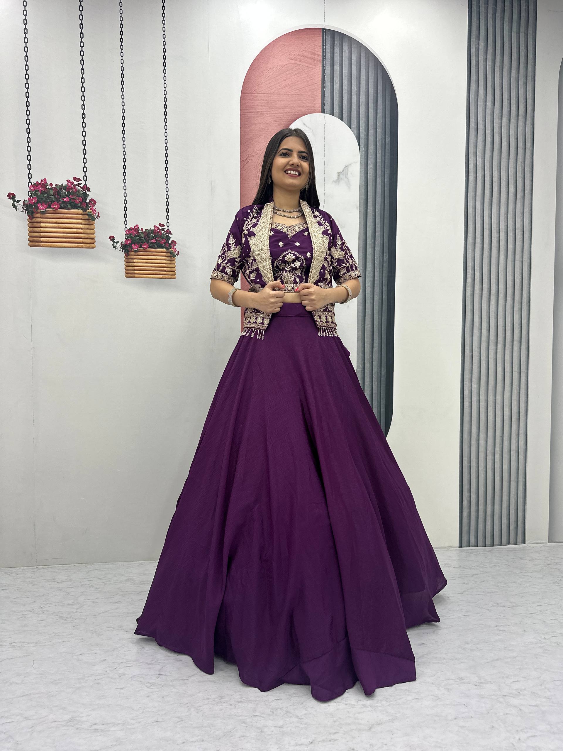Anushka Chinon Crop Top Jacket Lehenga Choli