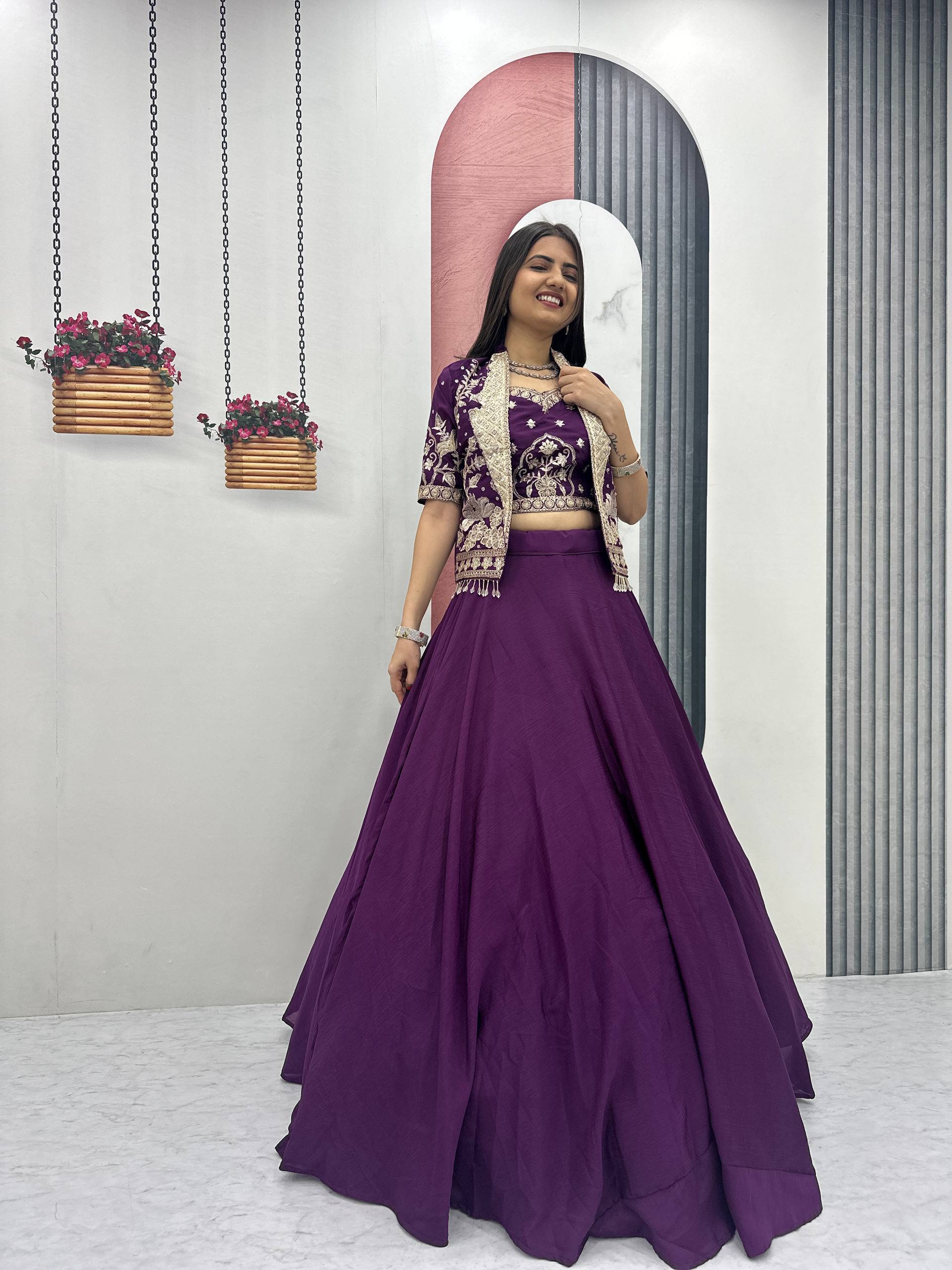 Anushka Chinon Crop Top Jacket Lehenga Choli
