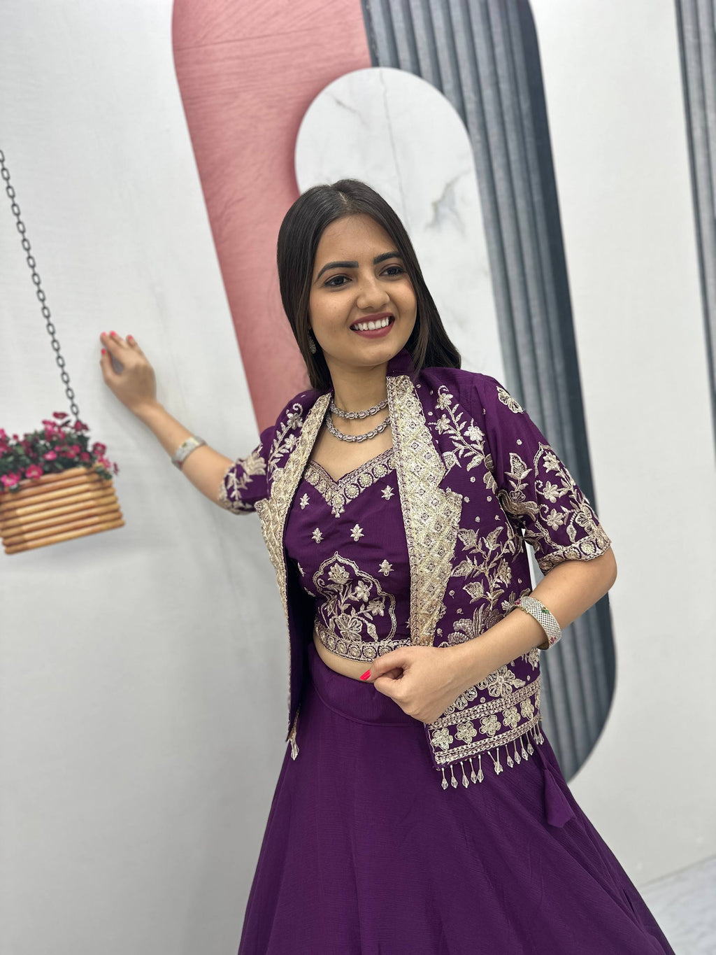 Anushka Chinon Crop Top Jacket Lehenga Choli