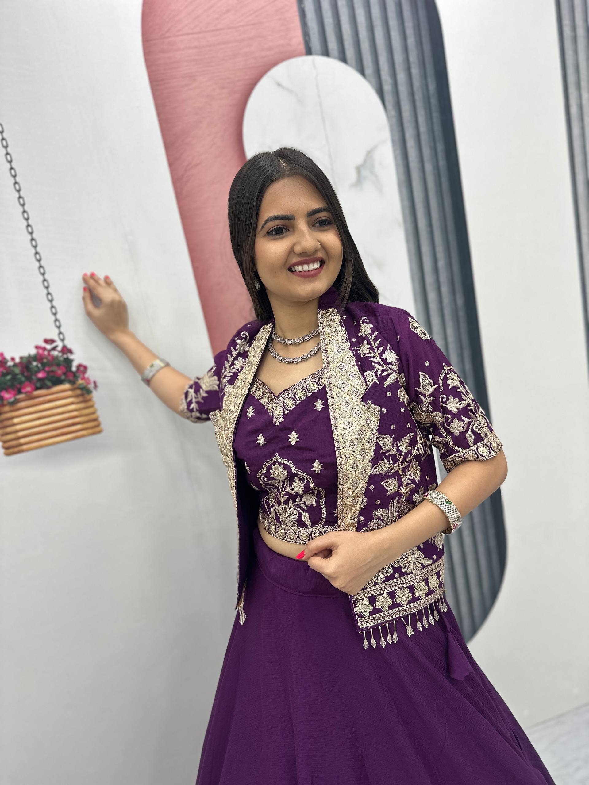 Anushka Chinon Crop Top Jacket Lehenga Choli