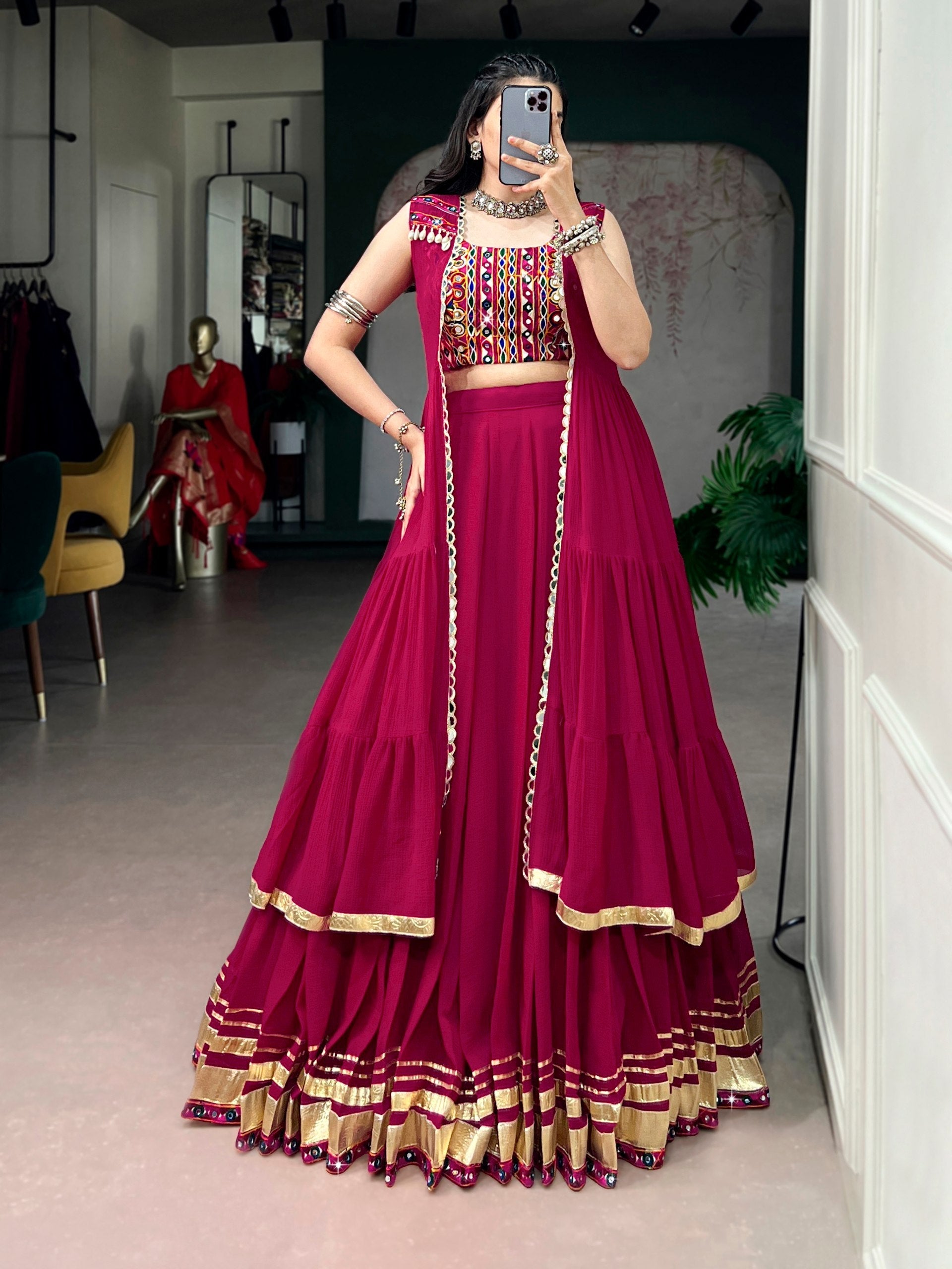 Roshni Gamthi Mirror Long Koti Lehenga Choli