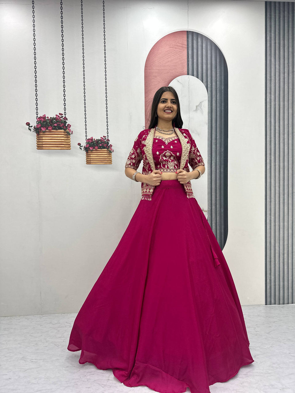 Anushka Chinon Crop Top Jacket Lehenga Choli