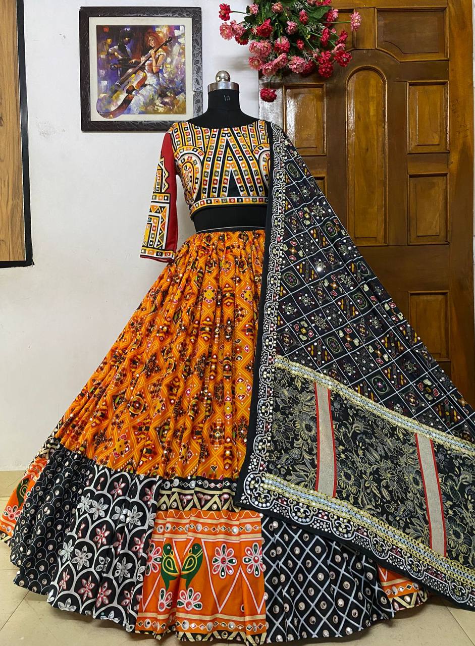 Musterd Yellow Mirror Work Printed Navratri Lehenga Choli