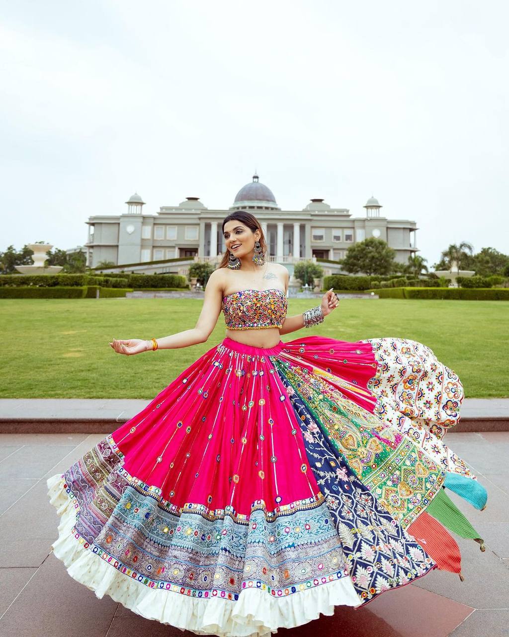 Pink Mirror Work Digital Printed Navratri Lehenga Choli