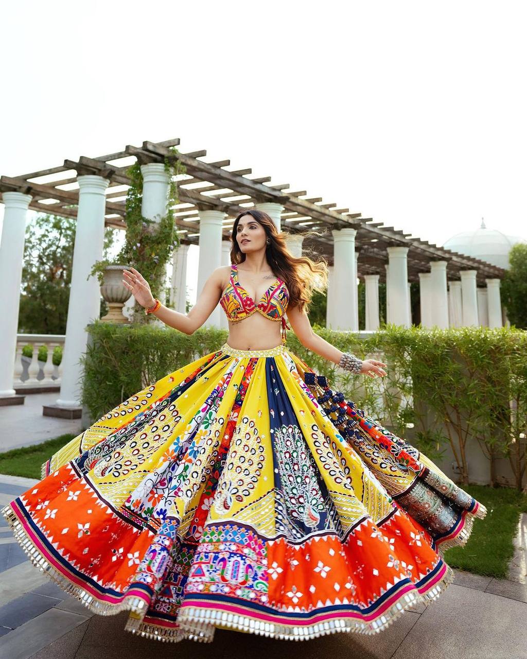 Yellow Peacock Printed Mirror Work Navratri Lehenga Choli