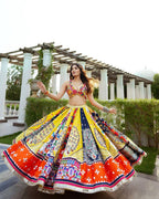 Yellow Peacock Printed Mirror Work Navratri Lehenga Choli