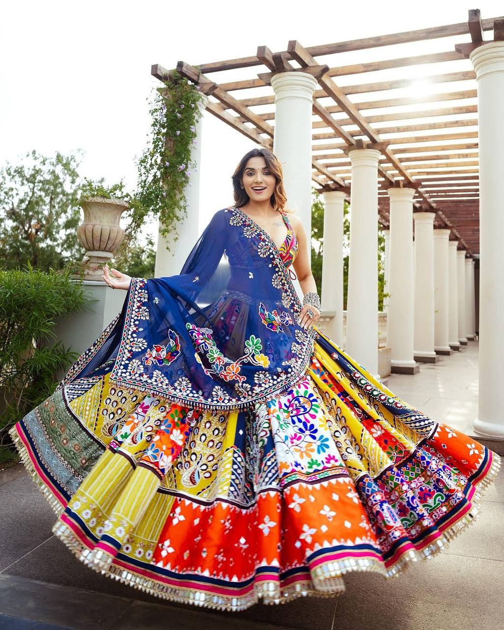 Yellow Peacock Printed Mirror Work Navratri Lehenga Choli
