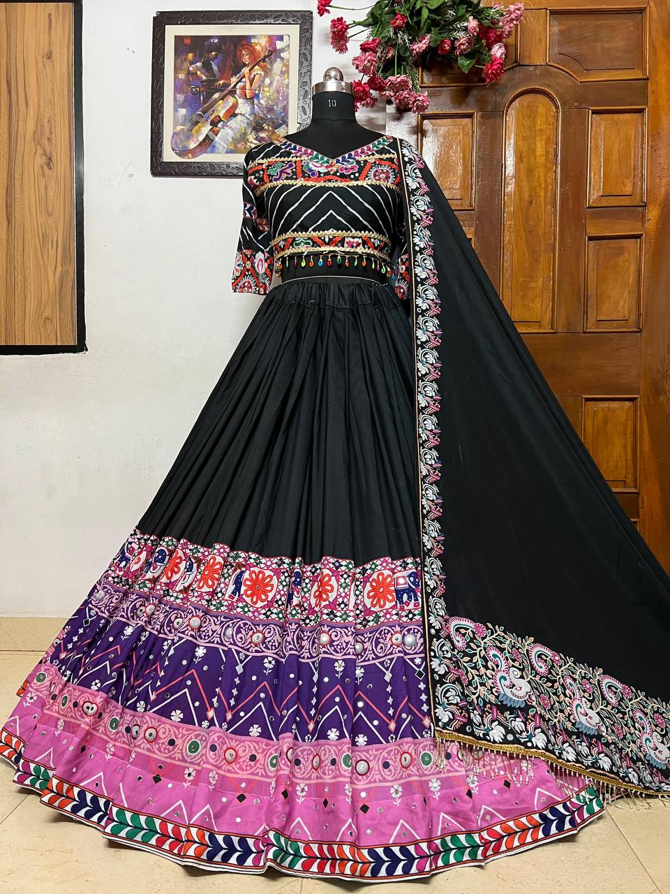 Black Mirror Work Digital Printed Navratri Lehenga Choli