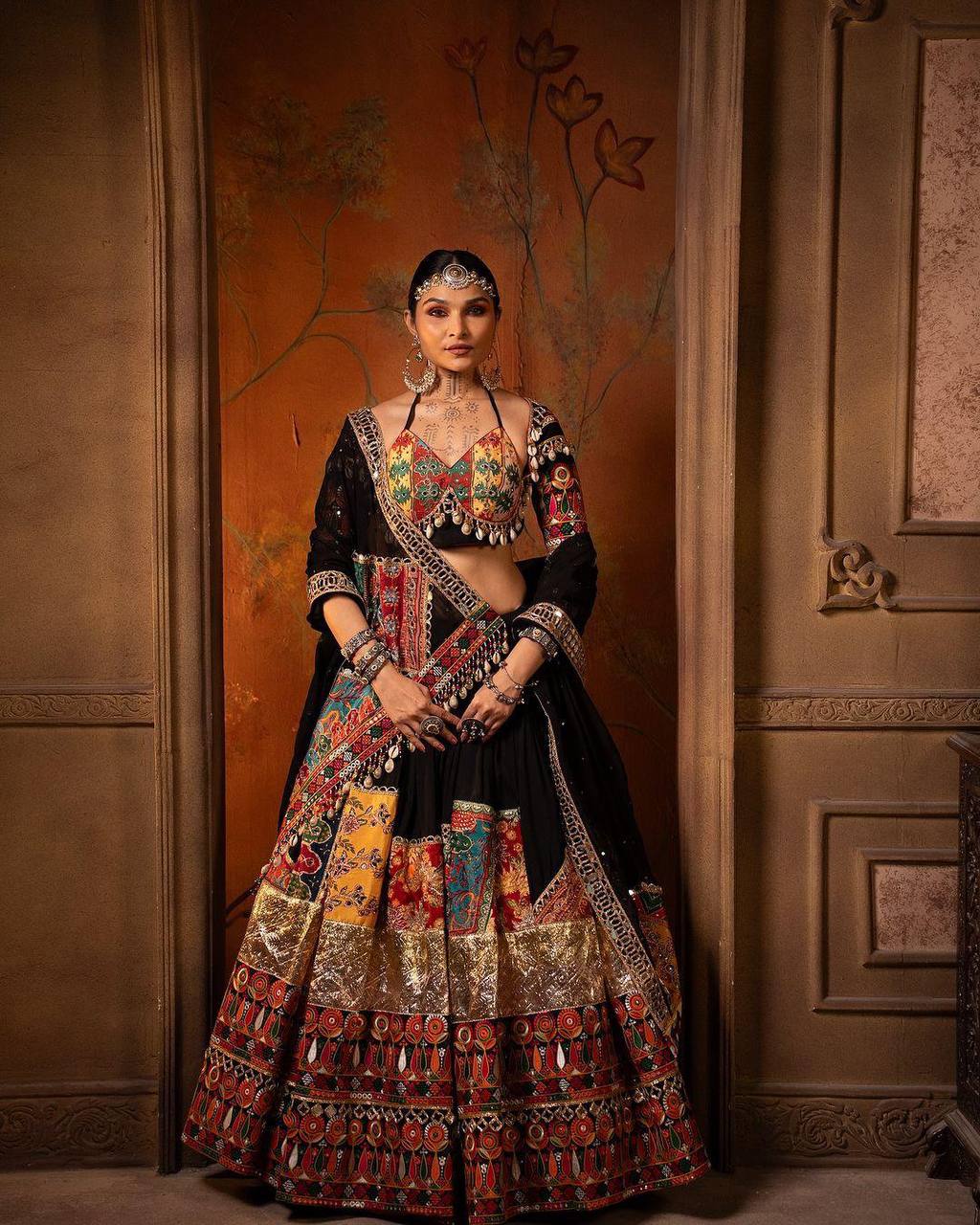 Black Color Digital Printed Mirror Work Chaniya Choli