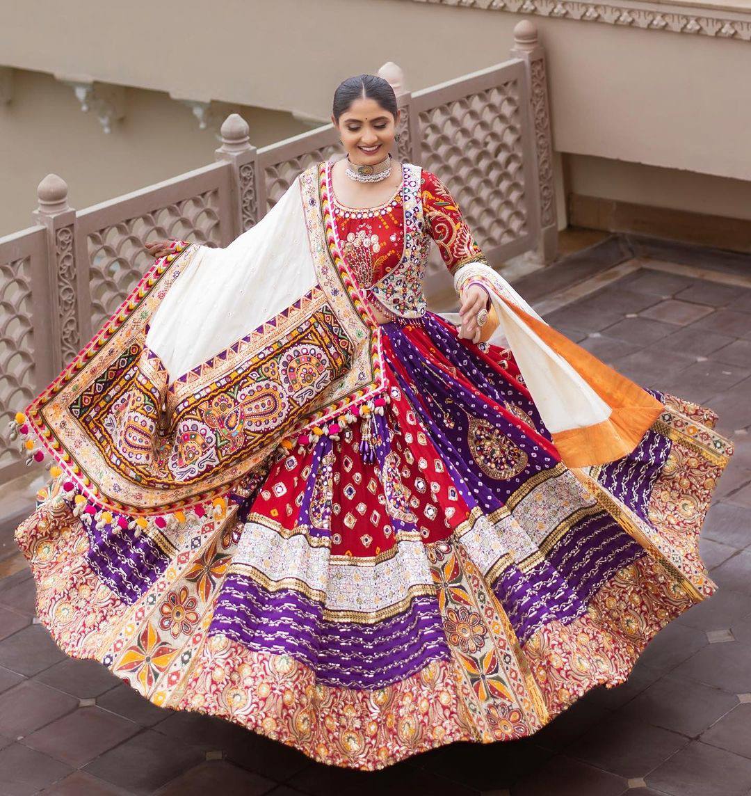 Multi Mirror Work Muslin Nvaratri Lehenga Choli