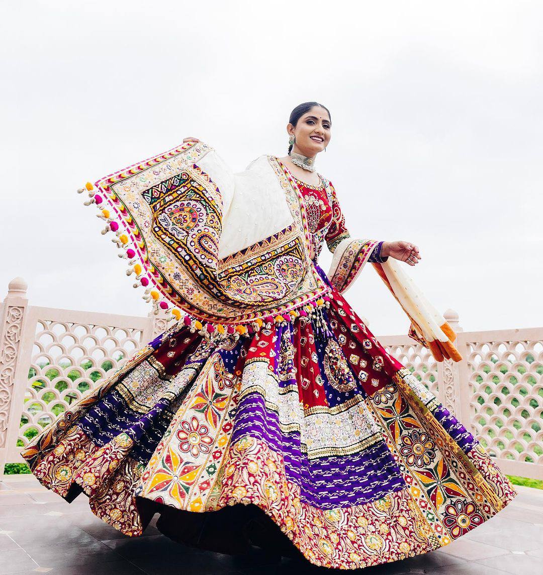 Multi Mirror Work Muslin Nvaratri Lehenga Choli