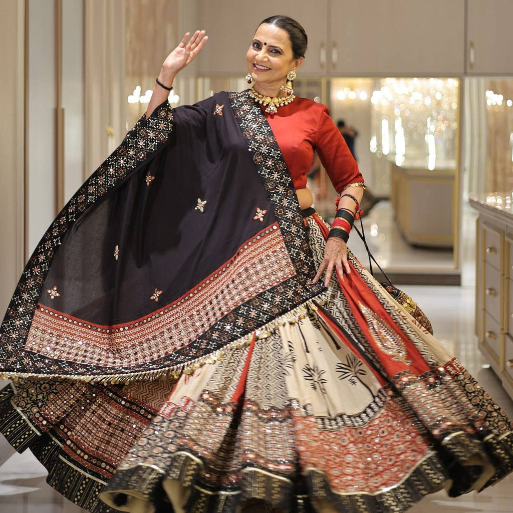 Black Color Digital Print with Mirror Work Designer Navratri Lehenga Choli