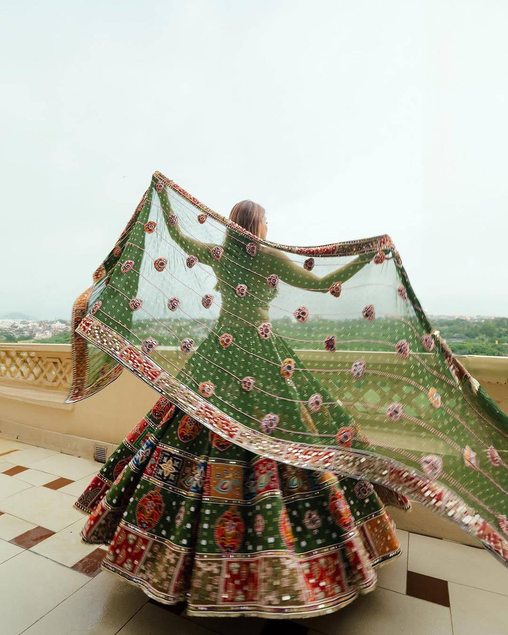 Green Color Digital Print with Mirror Work Designer Navratri Lehenga Choli