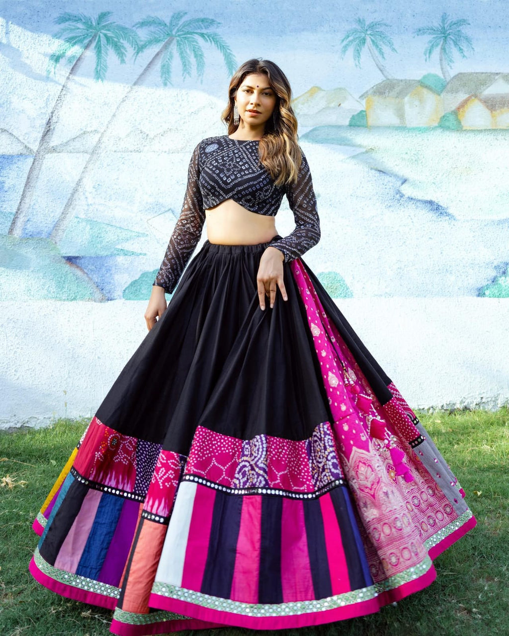 Black Mirror Work Digital Printed Navratri Lehenga Choli