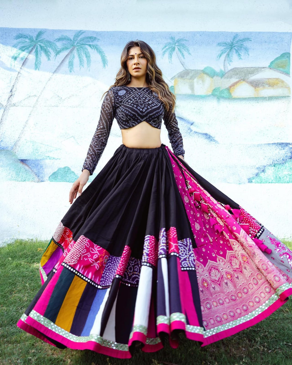 Black Mirror Work Digital Printed Navratri Lehenga Choli