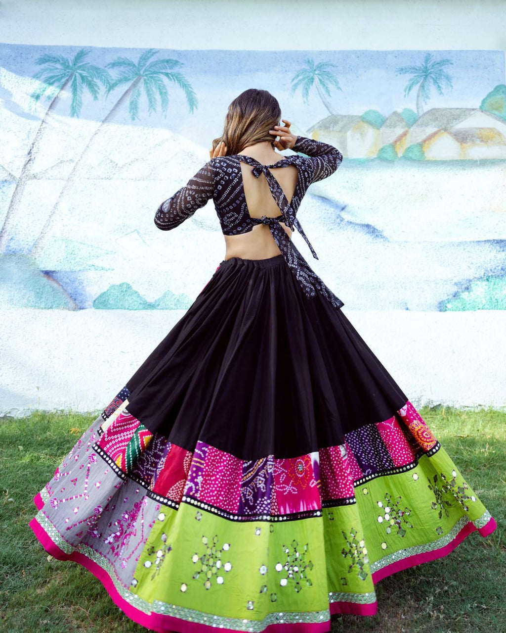 Black Mirror Work Digital Printed Navratri Lehenga Choli