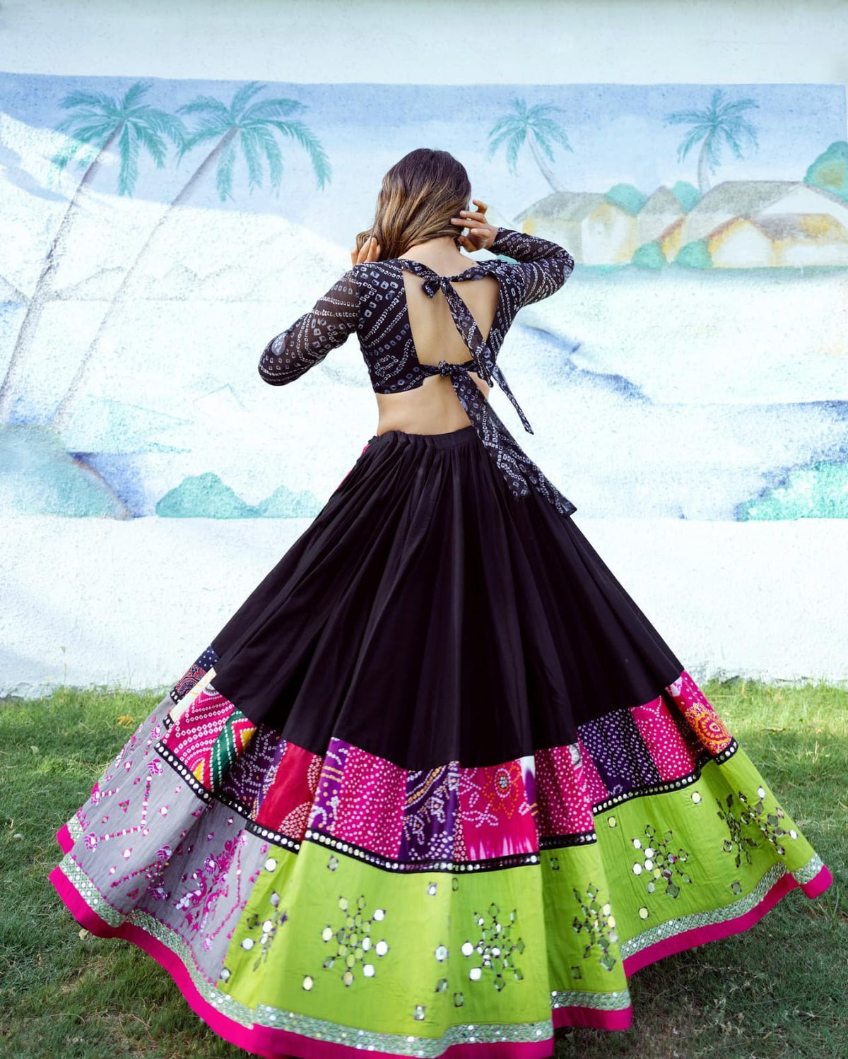 Black Mirror Work Digital Printed Navratri Lehenga Choli