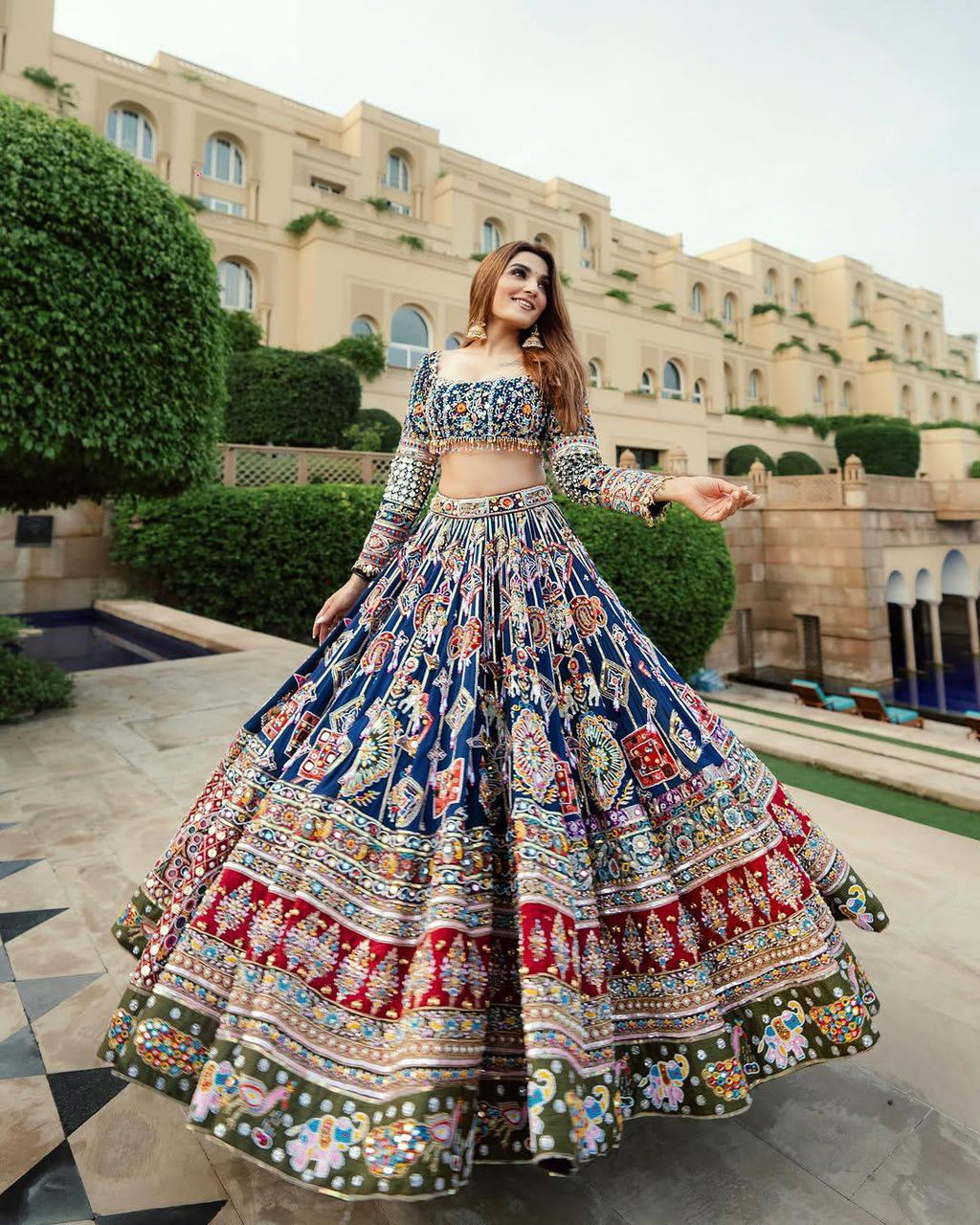 Blue Mirror Work Digital Printed Navratri Lehenga for Women