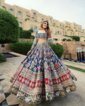Blue Mirror Work Digital Printed Navratri Lehenga for Women