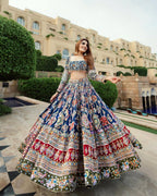 Blue Mirror Work Digital Printed Navratri Lehenga for Women