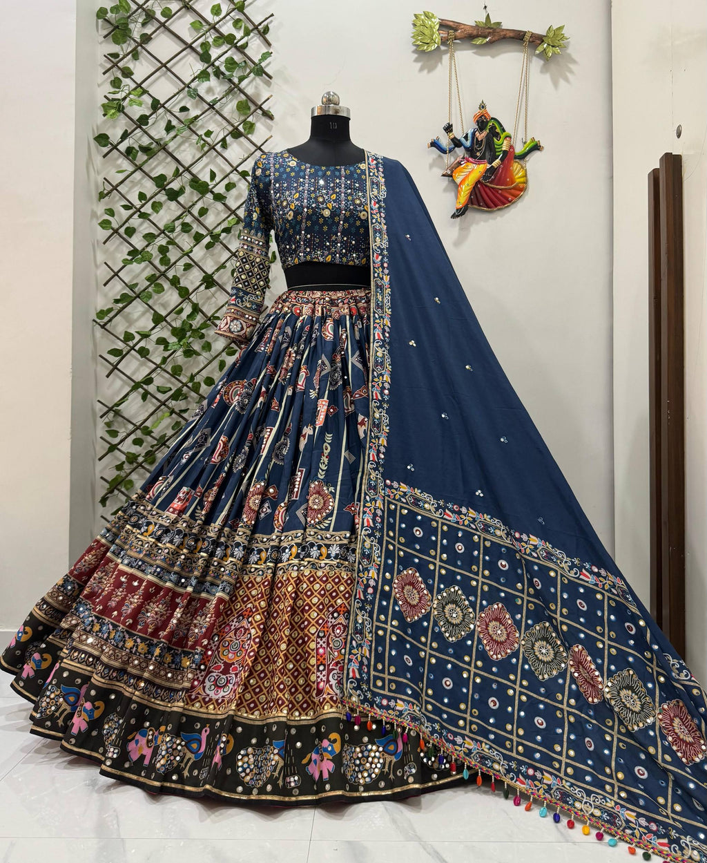 Blue Mirror Work Digital Printed Navratri Lehenga for Women