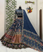 Blue Mirror Work Digital Printed Navratri Lehenga for Women