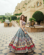 Gray Mirror Work Digital Printed Navratri Lehenga Choli
