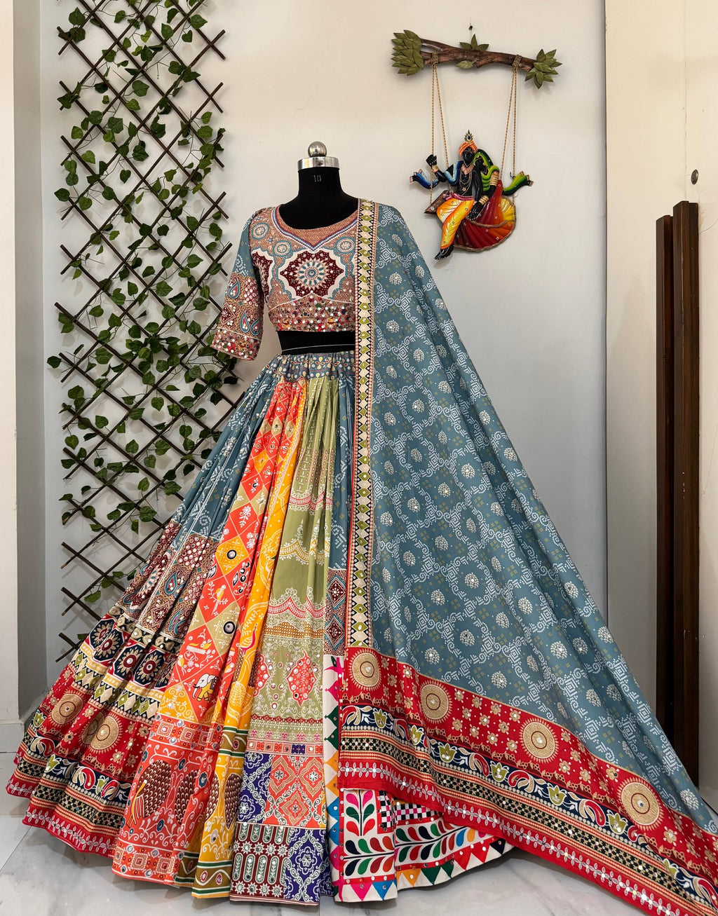 Gray Mirror Work Digital Printed Navratri Lehenga Choli