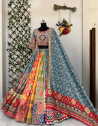Gray Mirror Work Digital Printed Navratri Lehenga Choli